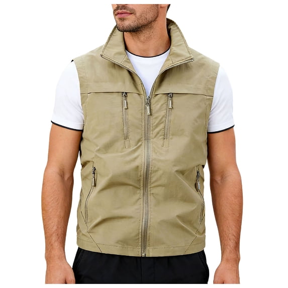 Utility Vest for Men with Pockets Summer, Outdoor Lightweight Outerwear Vest for Hiking Fishing Photo Work, Khaki XS
