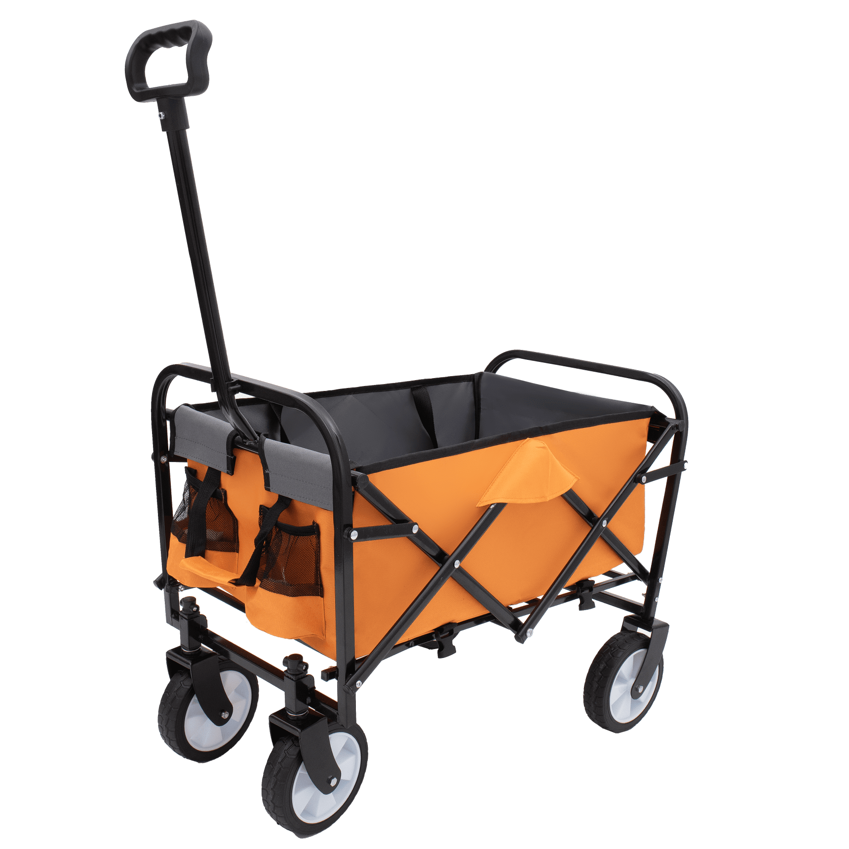 Utility Wagon Cart Foldable with Strapping System, Heavy Duty 225lbs Capacity, Lightweight Collapsible Design, Utility Cart, beach wagon with 360° Swivel Wheels for Beach, Camping, Shopping, Orange