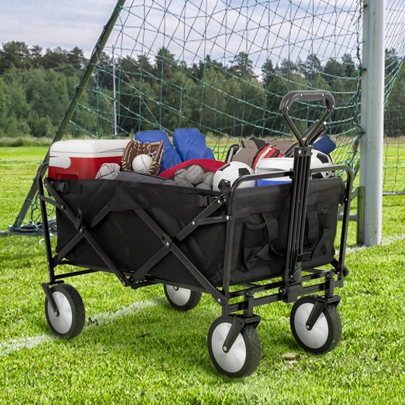 Utility Wagon Outdoor Collapsible Folding Wagon Cart, Portable Garden Cart - Heavy Duty Beach Cart with Adjustable Handles, All-Terrain Wheels and Cup Holders for Garden, Camping, Park Picnic (Black)