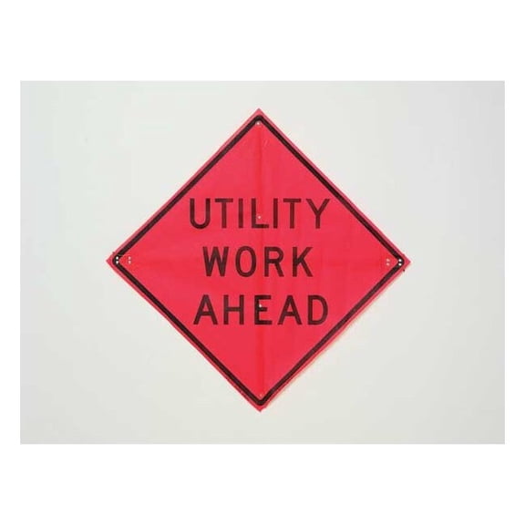 Utility Work Ahead Traffic Sign, 36 in W, 36 in H, Polyester, PVC, Orange