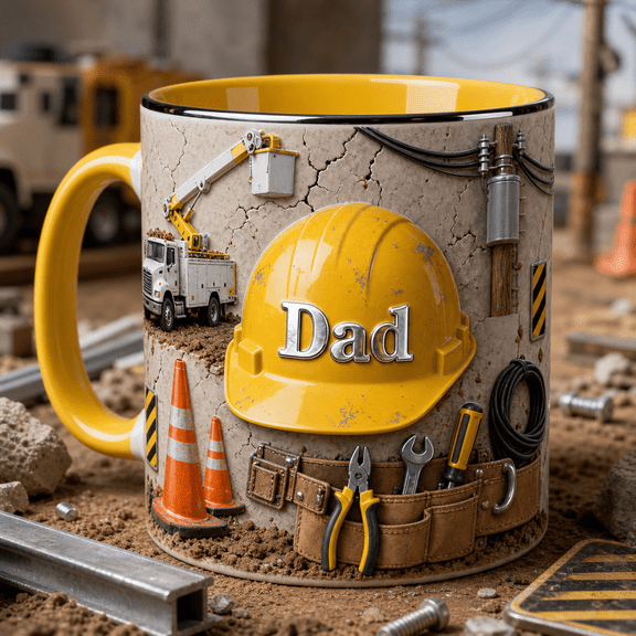 Utility Worker Dad Mug, Accent Coffee Mug with Cones, Tool Belt & Repair Truck