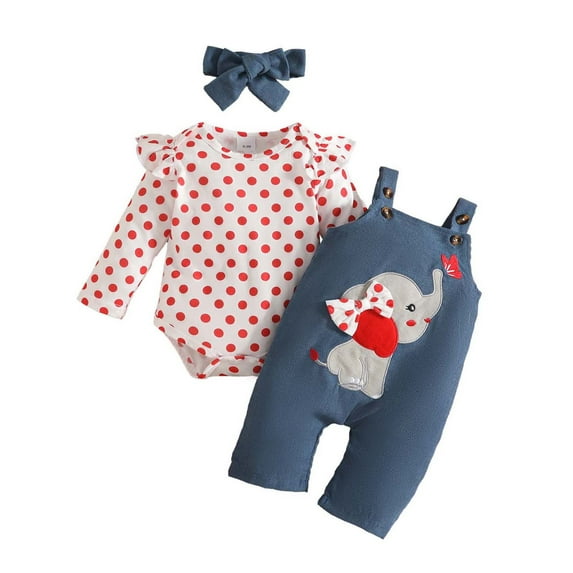 Utlike 2 Pack Girls Outfits Infant Long Sleeve Dot Prints Romper Bodysuit Cartoon Suspender Pants Clothing Set Vacation Outfits For Girl Size 6 Months-12 Months Red