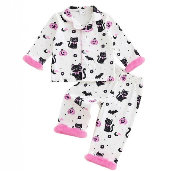 Utlike 2 Pcs Halloween Girls Outfits Hallomas Toddler Pumpkin Cat Print Casual Dress Set For Baby Fall Winter Clothing Set Matching Outfits For Girl Size 2 Years-3 Years White