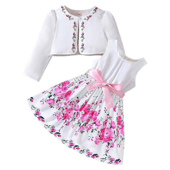 Utlike 2 Pcs School Outfits For Girls Floral Dress Set With Cardigan And Floral Print Dress Birthday Outfits For Girl Size 3 Years-4 Years Hot Pink