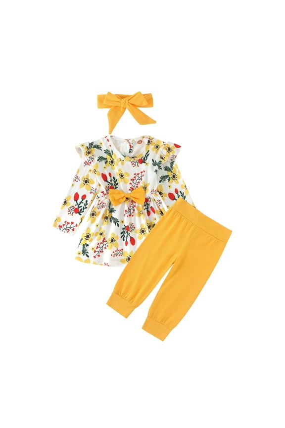 2 Pcs School Outfits For Girls Floral Dress With Pants And Bandana Casual Clothing Set Birthday Outfits For Girl Size 3 Years-4 Years Yellow