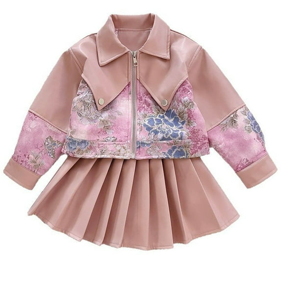 Utlike 2 Pcs School Outfits For Girls Soft Leather Jacket With Pleated Skirt Long Sleeve Kids Autumn Baby Girl Outfits Size 5 Years-6 Years Pink