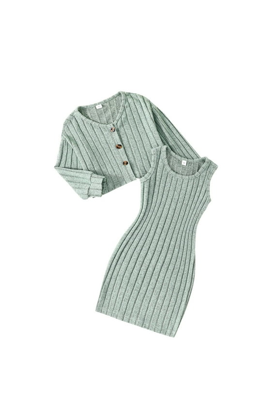 2 Pcs School Outfits For Girls Elegant Long Sleeve Cardigan With Ribbed Dress Casual Fall Winter Matching Outfits For Girl Size 3 Years-4 Years Green