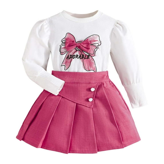 Utlike 2 Pcs School Outfits For Girls Long Sleeve Bow Print Top And Short Pleated Skirt Set Fall Winter Toddler Birthday Outfits For Girl Size 3 Years-4 Years Hot Pink