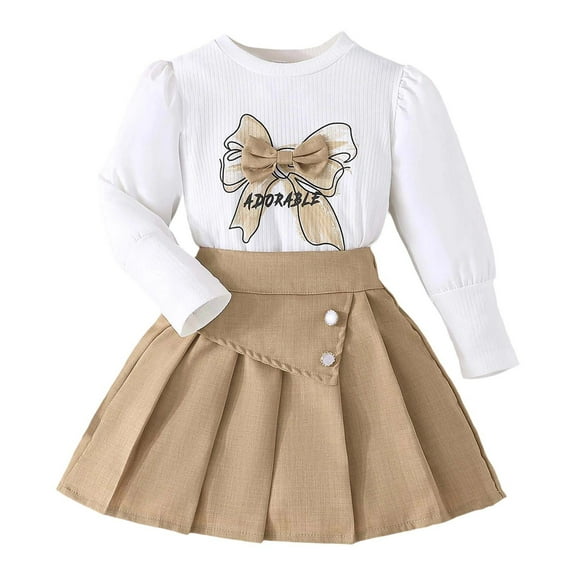 Utlike 2 Pcs School Outfits For Girls Long Sleeve Bow Print Top And Short Pleated Skirt Set Fall Winter Toddler Festival Outfits For Girl Size 3 Years-4 Years Khaki