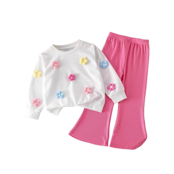 Utlike 2 Pcs School Outfits For Girls Winter Warm Ribbed Sweatshirt With Floral Design And Flared Pants Two Piece Toddler Casual Clothing Set Matching Outfits For Girl Size 3 Years-4 Years White
