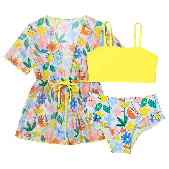 Utlike 3 Pack Girls Swimsuit Tropical Print Bathing Suit With Drawstring Cover Up Bikini Set For Swimming Pool Size 5 Years-6 Years