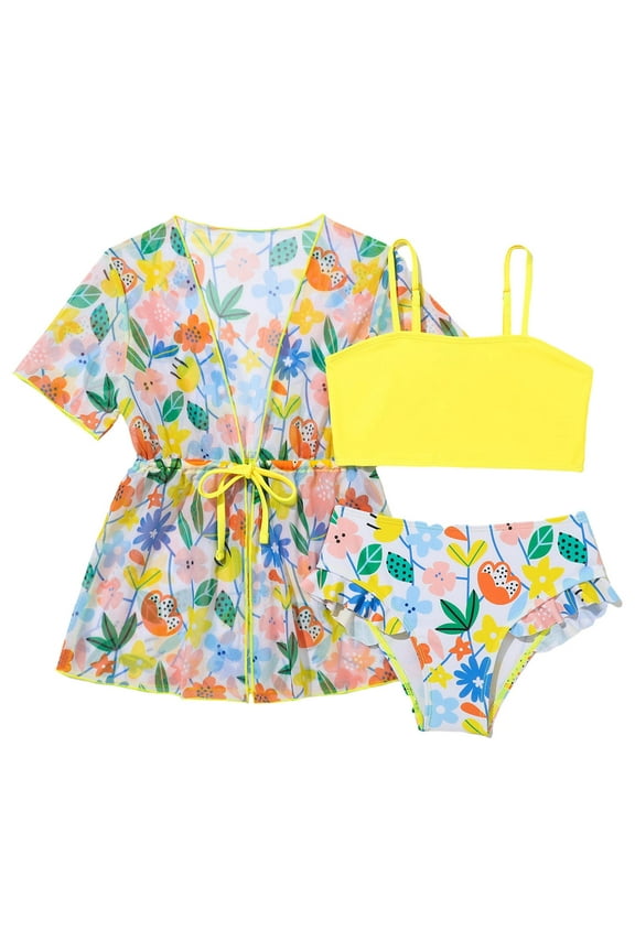 3 Pack Girls Swimsuit Tropical Print Bathing Suit With Drawstring Cover Up Fashion Bikini Set Size 4 Years-5 Years
