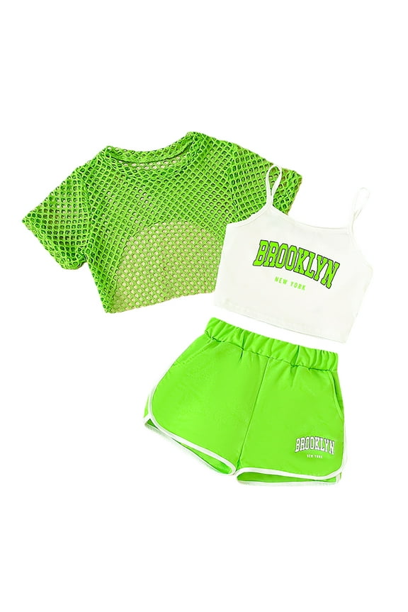 3 Pack School Outfits For Girls Casual Loose Sleeveless Top Shorts Summer Clothing Set First Day Of School Outfits For Girl Size 5 Years-6 Years Green
