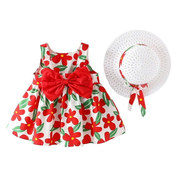 Utlike Baby Girl Princess Dress Sleeveless Vest Dress With Big Bow On The Chest Flower Skirt With Hat Leisure Sundress Size 3 Years-4 Years