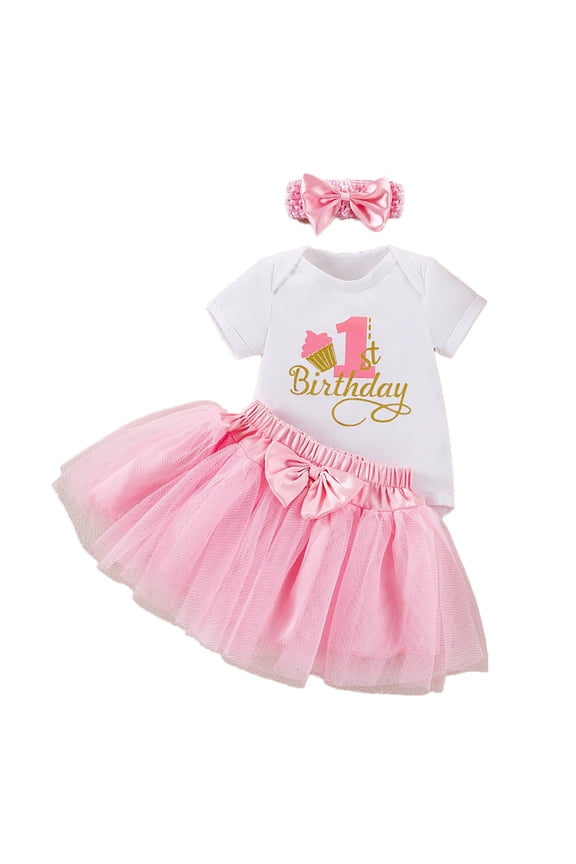 Baby Girls 1St Birthday Outfit Set Letter '1' Short Sleeve Romper + Tutu Skirt & Hair Bow Cute Photoshoot Party Dress Summer Cottonblend Sweet Girl Skin Friendly Outfits Size 0 Months-3 Months