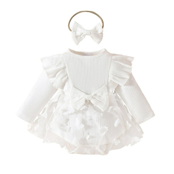 Utlike Baby Girls Bodysuits Long Sleeve Ribbed Bowknot Romper Dress Regular Fit Playsuits Daily Wear Size 9 Months-12 Months