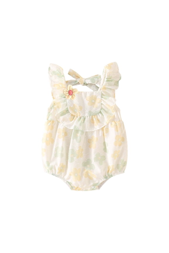 Baby Girls Bodysuits Floral Pattern Ruffle Sleeveless Back Lacing Romper Summer Climbing Clothes Lightweight Playsuits For Size 0 Months-3 Months
