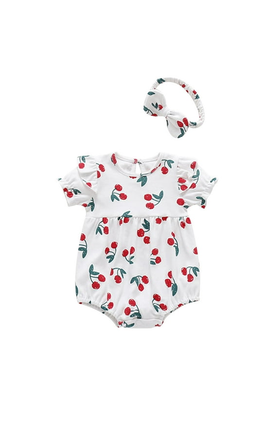 Baby Girls Bodysuits Print Clothes Ruched Outfits Hairband Romper Breathable Onesies For Infant Size 18 Months-24 Months