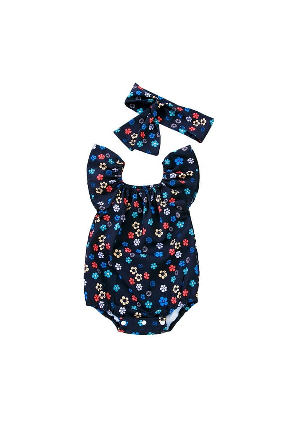 Baby Girls Bodysuits Summer Butterfly Sleeves Romper Flower Fruit Print Headband Casual Comfort Fit Onesies Daily Wear Size 0 Months-3 Months