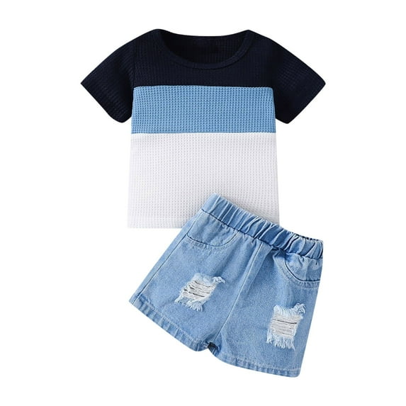 Utlike Boys 2-Piece Outfits Baby Color Matching T Shirt Ripped Denim Suit Boys Holiday Sets Size 9 Months-12 Months