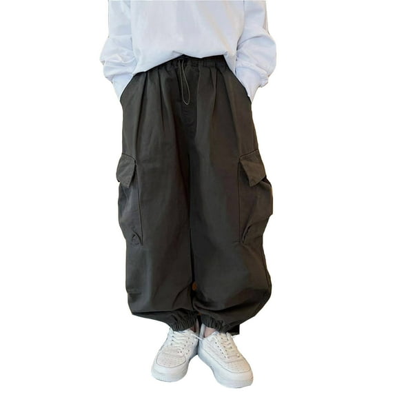 Utlike Boys Cargo Pants With Pockets Casual High Waisted Drawstring Loose Fit Cargo Sweatpants Trendy New Wide Leg Pants Streetwear Size 6 Years-7 Years