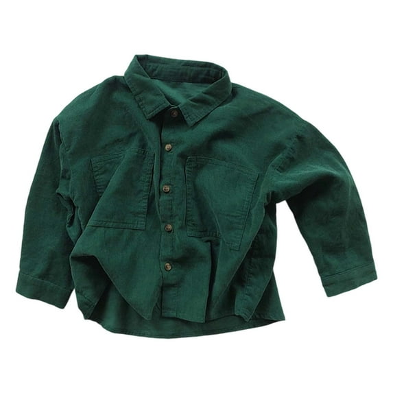 Utlike Boys Shirts Solid Color Cardigan Jacket Corduroy Lapel Shirt Dark Green Versatile Tee For Daily Wear , 3 Years-4 Years
