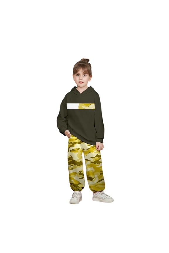 Boys Outfits Set Camo Print Hooded Sweatshirt And Pants Loose Fit Casual Outfit For Toddler Kids Autumn Winter Comfortable Playwear Size 5 Years-6 Years Army Green