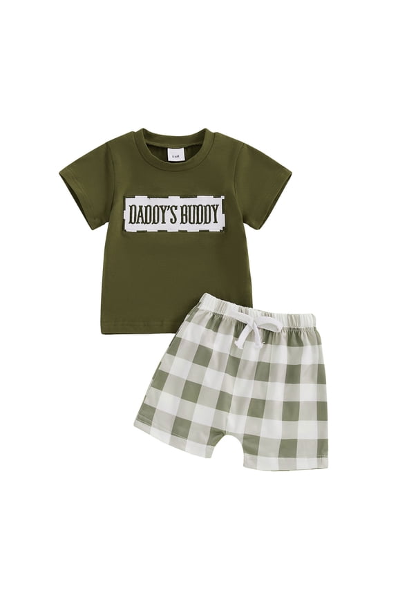 Boys Outfits Sets Baby Summer Clothes Daddys/Mamas Matching Outfit Short Sleeve Embroidery T Shirt Plaid Toddler Shorts Set Durable Clothing Sets For Boys Size 9 Months-12 Months