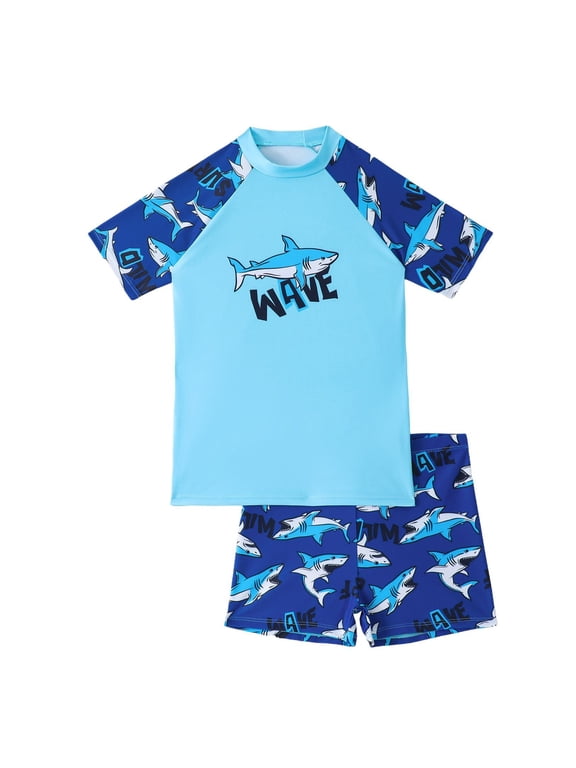 Boys Swimwear Shark Print Short Sleeve Sunsuit 2-Piece Swim Sets Beach Sunscreen Bathing Suits Hypoallergenic Boys Swimsuits For Sensitive Skin Size 10 Years-11 Years