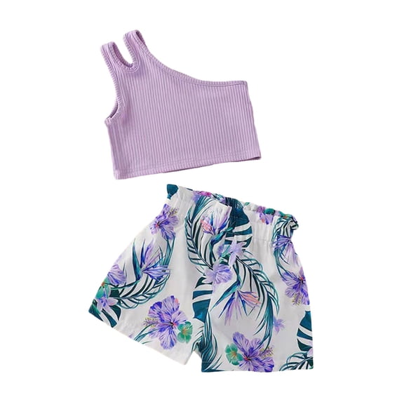 Utlike Girls 2 Pcs Outfits Set Kids Toddler Baby One Shoulder Sleeveless Ribbed Vest Tops Flower Print Shorts Pants 2Pcs Set Children Shorts Set Size 12 Months-24 Months