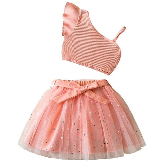 Utlike Girls 2 Pcs Outfits Set Toddler Children Sleeveless Rib Bowknot Prints Tops Skirts Suit Girl'S Cheap Clothing Set Size 5 Years-6 Years