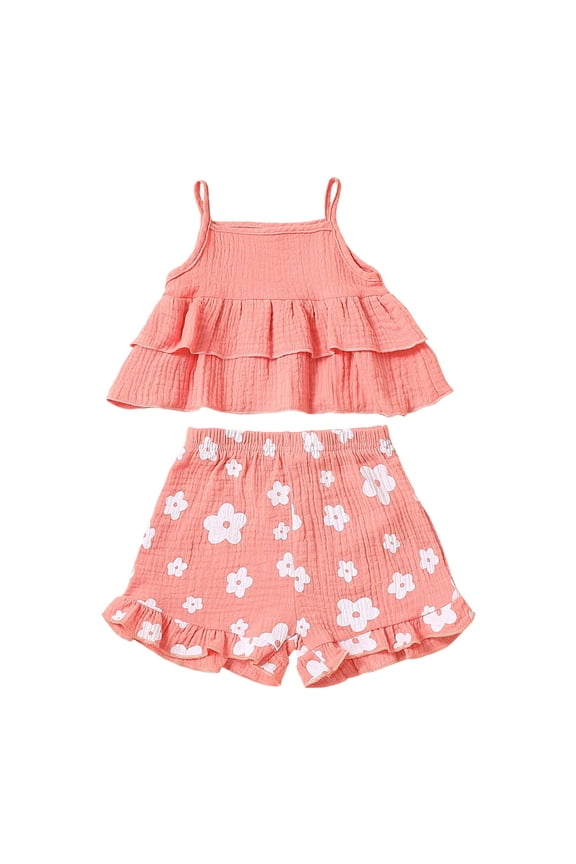 Girls 2 Pcs Outfits Set Toddler Sleeveless Summer Ruffles Top Floral Print Shorts 2Pcs Outfits Clothes Set For Children Clothes Girl'S Cheap Clothing Set Size 2 Years-3 Years