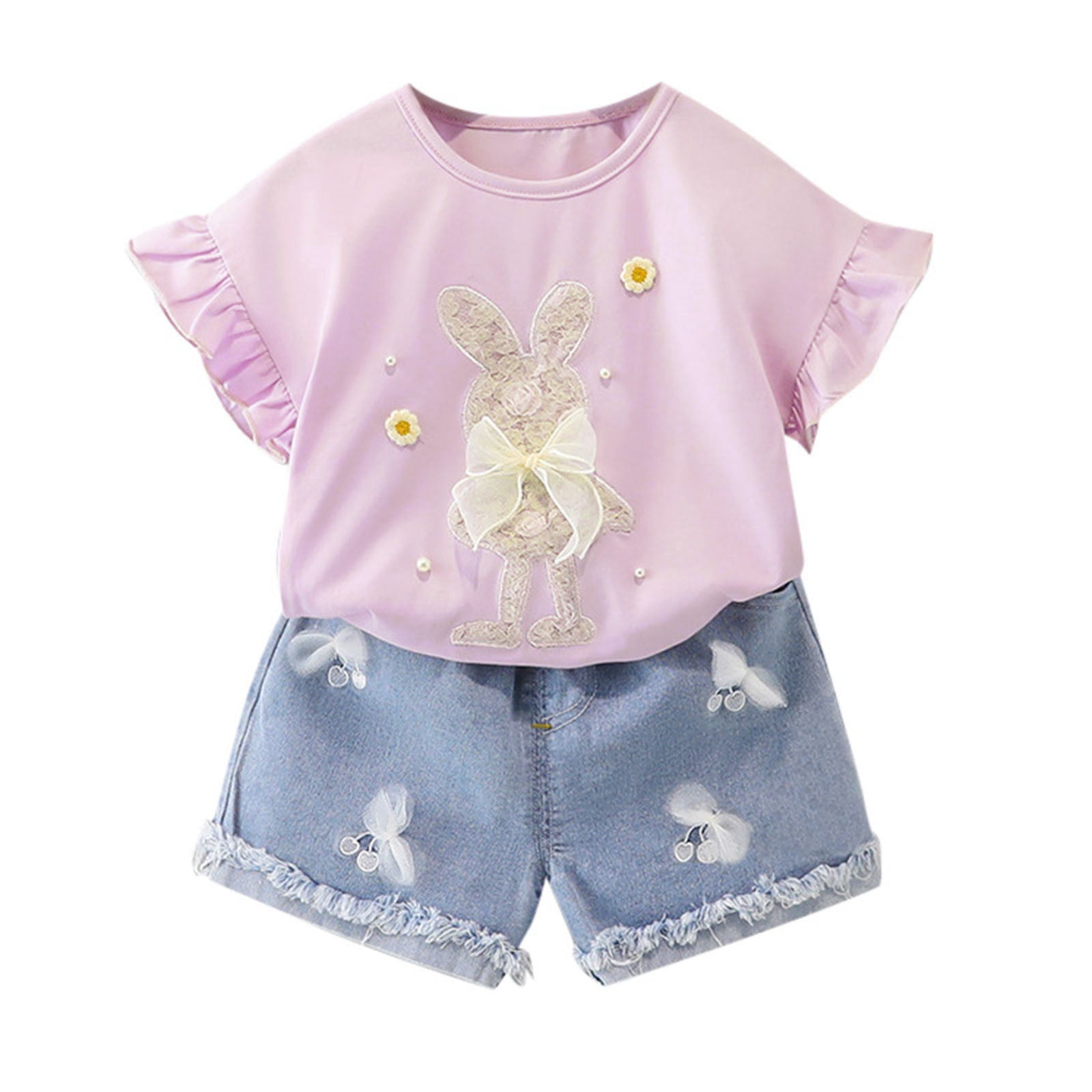 Utlike Girls 2 Pcs Outfits Set Toddler Summer Flying Sleeves Easter Cute Bunny Bow Applique T-Shirts Tops Denim Shorts Set Girl'S Cheap Clothing Set Size 2-3 Years