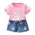thumbnail image 1 of Utlike Girls 2 Pcs Outfits Set Toddler Summer Flying Sleeves Easter Cute Bunny Bow Applique T-Shirts Tops Denim Shorts Set Girls Casual Playsuit Size 3 Years-4 Years, 1 of 7