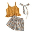 thumbnail image 1 of Utlike Girls 2 Pcs Outfits Set Toddler Yellow Solid Color Button Decorated Ruffle Suspenders And Floral Pattern Shorts With Floral Headband Girls Active Playsuit Size 4 Years, 1 of 9