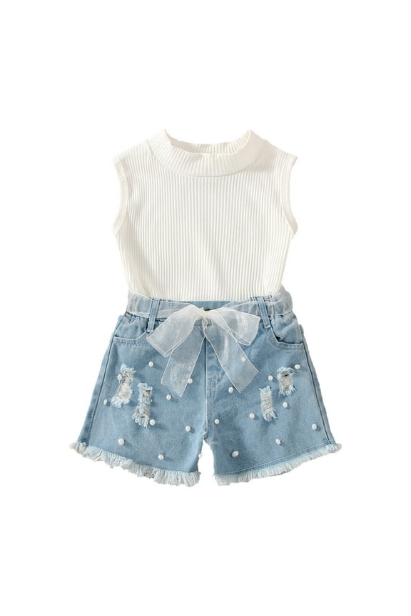 Girls 2-Piece Outfit Sets Toddler Kids Baby Sleeveless Vest Ribbed T Shirt Tops Denim Ripped Jeans Shorts 2Pcs Set Summer Outfits Girls Coordinated Sets Size 2 Years-3 Years