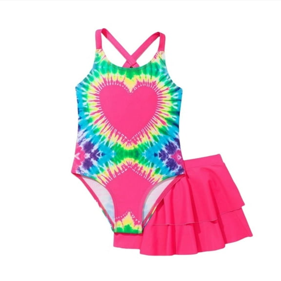 Utlike Girls Bathing Suit 2 Pcs Swimsuit Pink Heart Print High Waist Bikini Sets With Solid Color Skirt Easy Care And Comfortable Fit Swimwear Size 4 Years-5 Years
