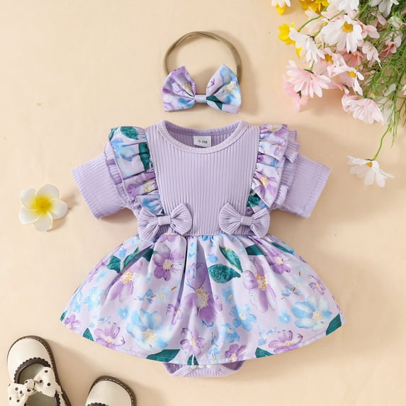 Utlike Girls Bodysuits Short Sleeve Ribbed Floral Romper Jumpsuits Dress Headbands Set Toddler Comfort Onesie Size 6 Months-9 Months