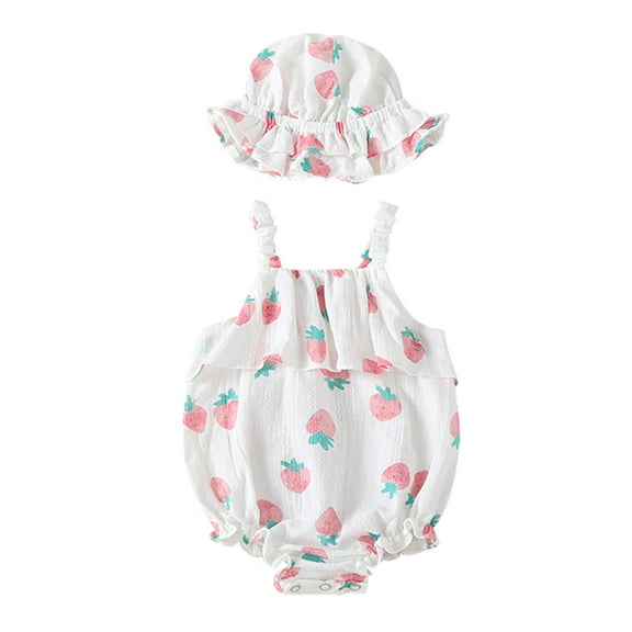 Utlike Baby Girls Bodysuits Straps Romper Sunsuit Print Strawberry Hat Romper Softness Onesies For Size 3-6 Months