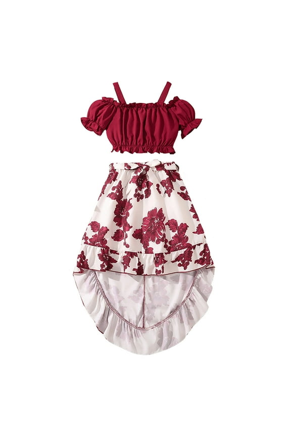 Girls Clothing Set One Shoulder Short Sleeved Tops Pleated Long Skirt Summer Fashion Suit Lightweight Casual Outfits Size 6 Years-7 Years