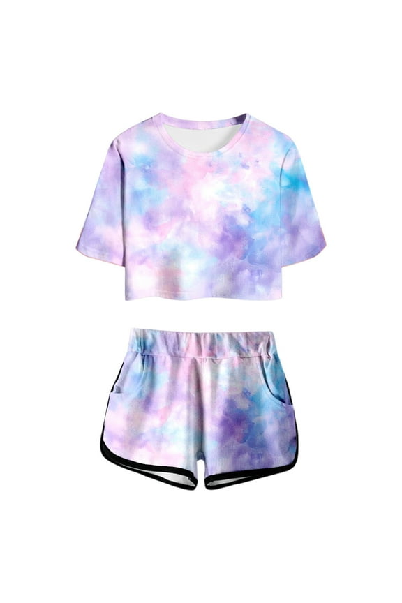 Teen Girl Clothes Girls Summer Print Short Sleeve Top And Shorts Set Cute Round Neck Pocket Casual Outfit For Teens And Juniors Leisure Matching Sets Size 4-5 Years