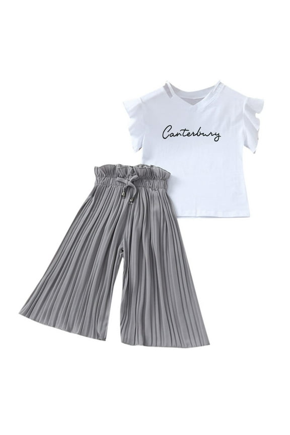 Girls Clothing Sets Summer Letter T Shirt Tops Chiffon Ruched Loose Pants Outfits Children Leisure Two-Piece Set Size 10 Years-12 Years