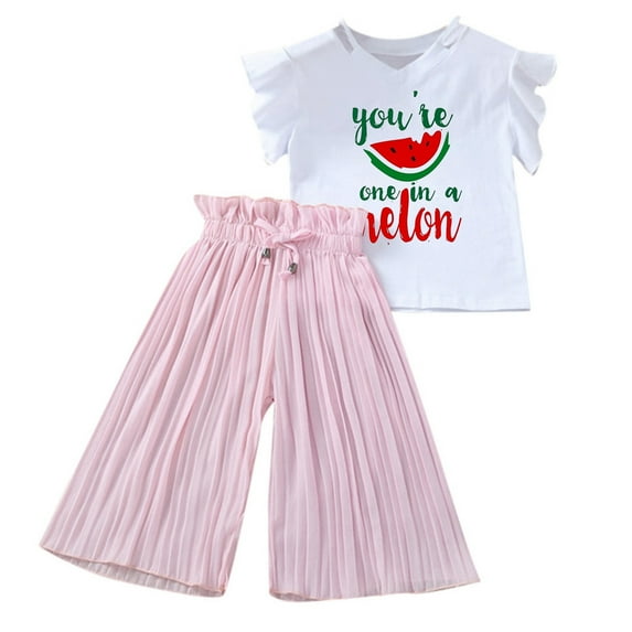 Utlike Girls Clothing Sets Summer Watermelon T Shirt Tops Chiffon Ruched Loose Pants Outfits Children Leisure Two-Piece Set Size 3 Years-4 Years