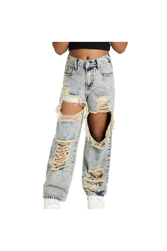 Girls Denim Pants School Uniform For Girls Wide Leg Casual Ripped Jeans For Teens Trendy Trousers Everyday Wear Size 12 Years-13 Years