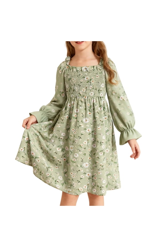 Girls Dress Square Neckline Dress With Puffed Sleeves And Flounced Hem High Waist Floral Lace Trim Party Dress For Celebrations Fashion Flower Girl Dress Size 3 Y-4 Y