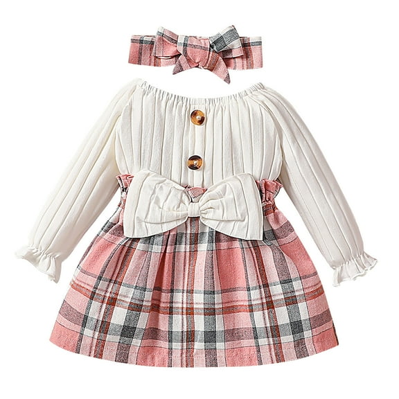 Utlike Girls Dresses Cute Ruffle Long Sleeve Plaid Round Neck Bowknot Party Dress Fall Winter Newborn Set With Bowknot Hair Band Cozy Sundress For Girl Size 6 Months-9 Months