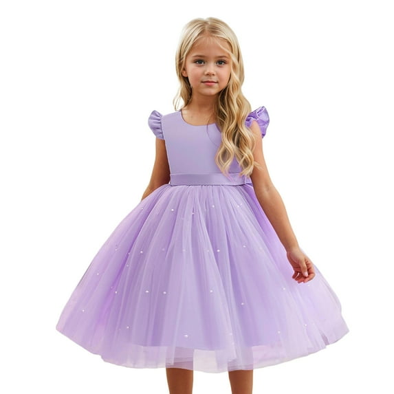 Utlike Girls Dresses Flutter Sleeve V Neck Dress For Casual Outdoor Photoshoot Party Performance Spring Summer Fall Outfits Purple Lively Sundress Size 7 Years-8 Years