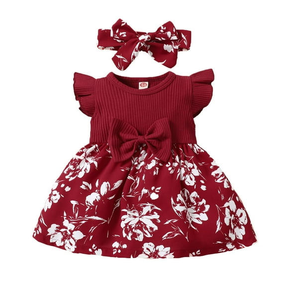 Utlike Girls Dresses Fly Sleeve Ribbed Bowknot Dresses Toddler Ruffles Floral Printed Princess Dress Headbands Set Girls Easy Care Play Sundress Size 3 Months-6 Months