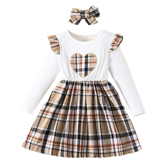 Utlike Girls Dresses Long Sleeve Heart Print Striped Plaid Ruffled Hem Floral A Line Casual Party Dress For Kids Leisure Sundress Size 3 Years-4 Years