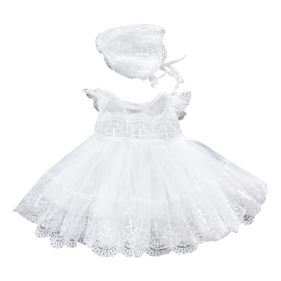 Utlike Girls Dresses Baby Baptism Dress Lace Crochet Tulle Dress O Neck Ruffled Sleeve Bubble Skirt Girls Holiday Photo Sundress Size 0 Months-3 Months